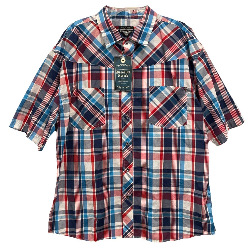 Brooklyn Express NWT Men's Size 3XL Blue Plaid Western Short Sleeve Shirt